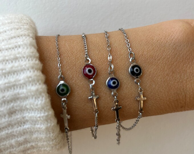 Evil Eye Cross Bracelet: Stainless Steel Protection Charm, Custom Color Choice