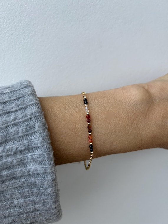 Gemstone Protection Bracelet: Black Tourmaline, Carnelian, Moonstone,Red jasper, Gold sheen obsidian Tiger's Eye.  Grounding.