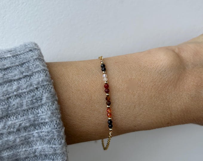 Gemstone Protection Bracelet: Black Tourmaline, Carnelian, Moonstone,Red jasper, Gold sheen obsidian Tiger's Eye.  Grounding.