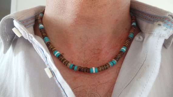 Mens coconut and turquoise necklace.Mens beaded necklace. Mens necklace. Surfer style necklace. Mens turquoise necklace. Wood bead necklace.