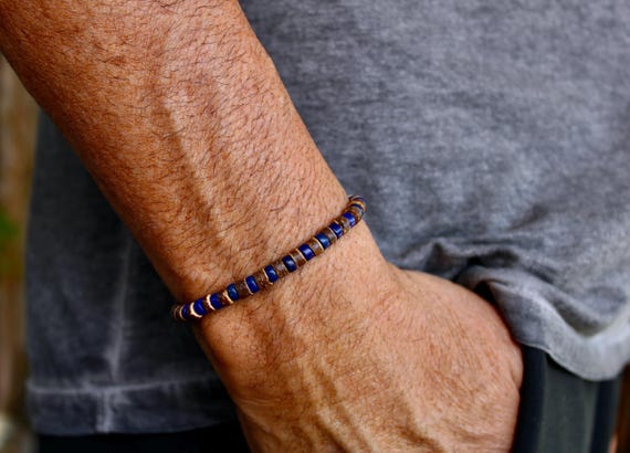 Beaded Coconut and navy blue stone heishi Bracelet - Surfer Style bracelet.  Stretch bracelet.