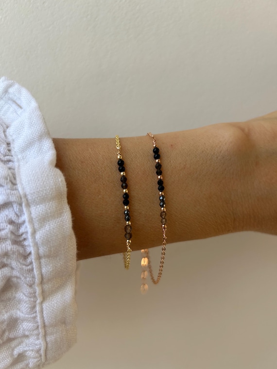 Black onyx, gold sheen obsidian, black tourmaline, hematite and smoky quartz bracelet. Protection, grounding.  Gold filled, sterling silver