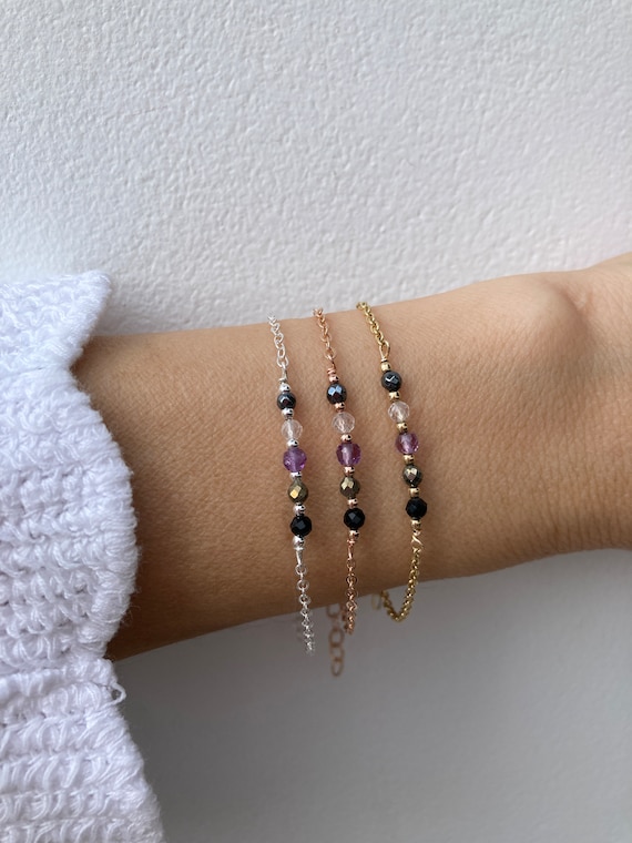 Empath protection bracelet. Block negative energy.Black tourmaline, clear quartz, amethyst, pyrite and hematite.Gold filled, sterling silver