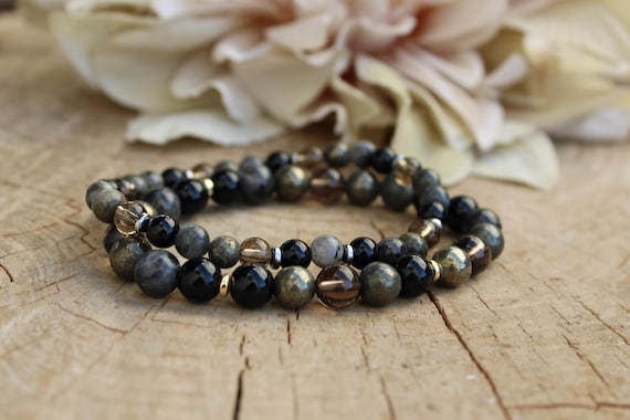 Black onyx, larvikite ,hematite, smoky quartz and pyrite bracelet. Protection, stress relief, abundance. Beaded bracelet men. 6mm/ 8mm beads