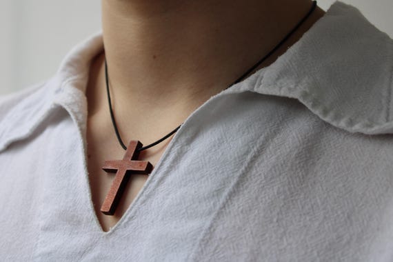 Mens wooden cross necklace. Wood cross on cord necklace.  Cross pendant on cord.