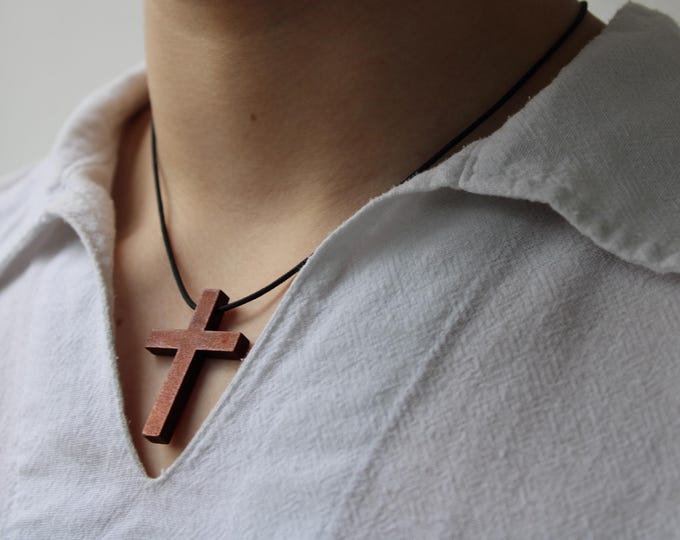 Mens Wooden Cross Necklace: Cord Pendant