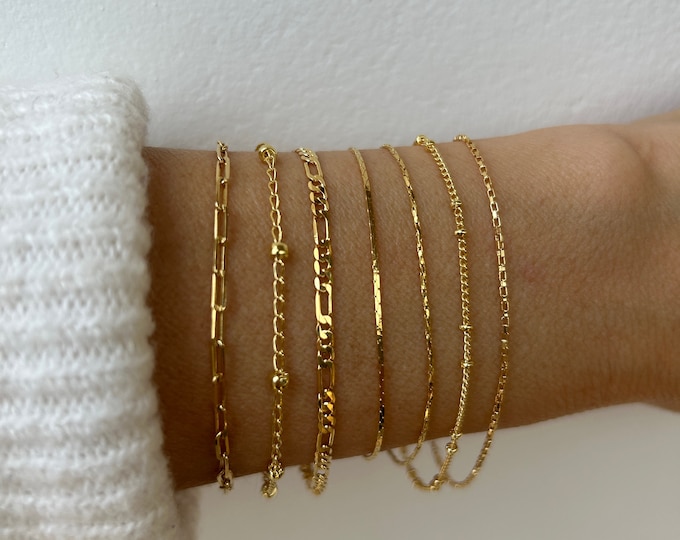 Gold Filled Chain Bracelet, Dainty Stacking Bracelet, Figaro, Cardano, Snake, Paper Clip