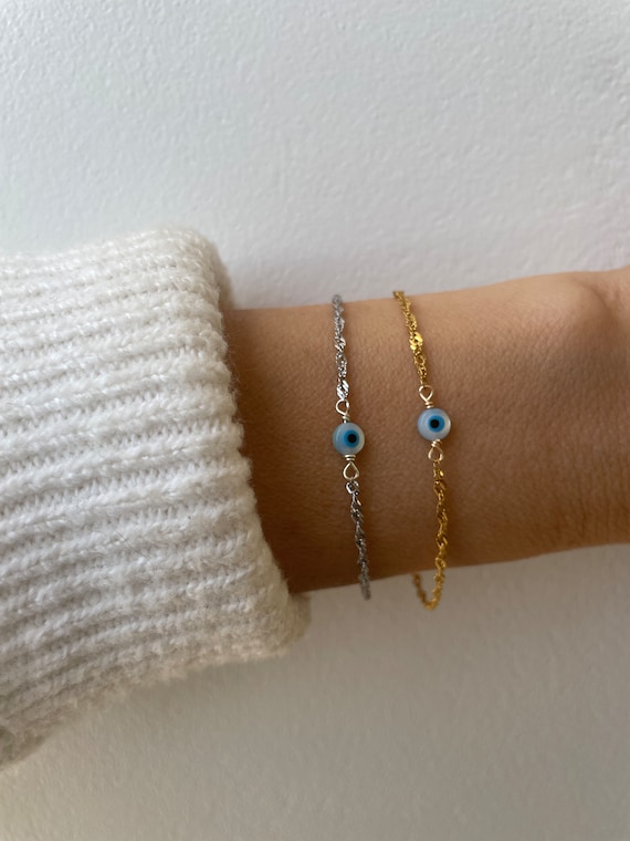 Evil eye bracelet. Evil eye chain bracelet. Simple evil eye bracelet.  Greek mati bracelet.  Protection bracelet. Gold, silver, rose gold