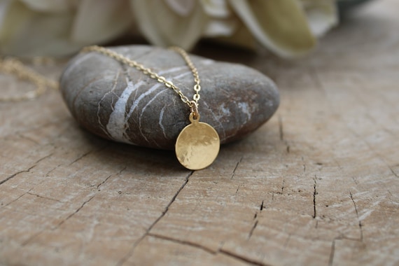 Hammered disc necklace. Gold disc layering necklace. Gold filled hammered disc necklace. Minimalist necklace.