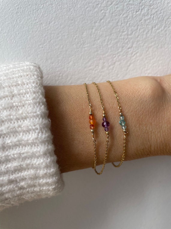 Dainty gemstone bracelet. Birthstone bracelet. Gold, silver, rose gold chain. Ruby, black tourmaline, amethyst, aquamarine (26 options)