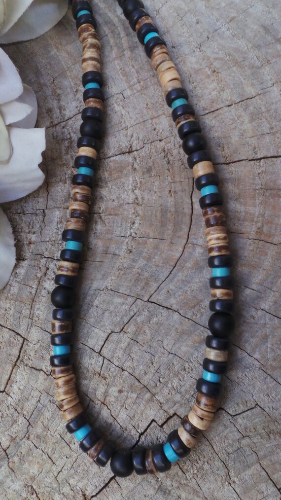 Mens turquoise and black coconut necklace. Beaded necklace for men. Surfer style necklace.