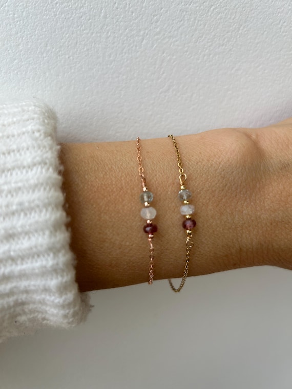 Fertility support bracelet. Pink tourmaline, moonstone and aquamarine bracelet. Gold filled, sterling silver. Stainless steel chain.