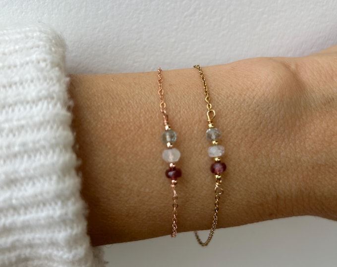 Fertility support bracelet. Pink tourmaline, moonstone and aquamarine bracelet. Gold filled, sterling silver. Stainless steel chain.
