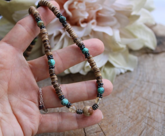 Mens gemstone necklace. African turquoise, jasper and citrine. Beaded necklace. Mens necklace. Surfer style necklace. Coconut necklace.