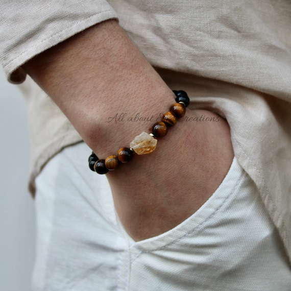 Black onyx, tiger's eye and citrine bracelet. Mens beaded gemstone bracelet. Luck, protection, positivity and abundance. 8mm beads.