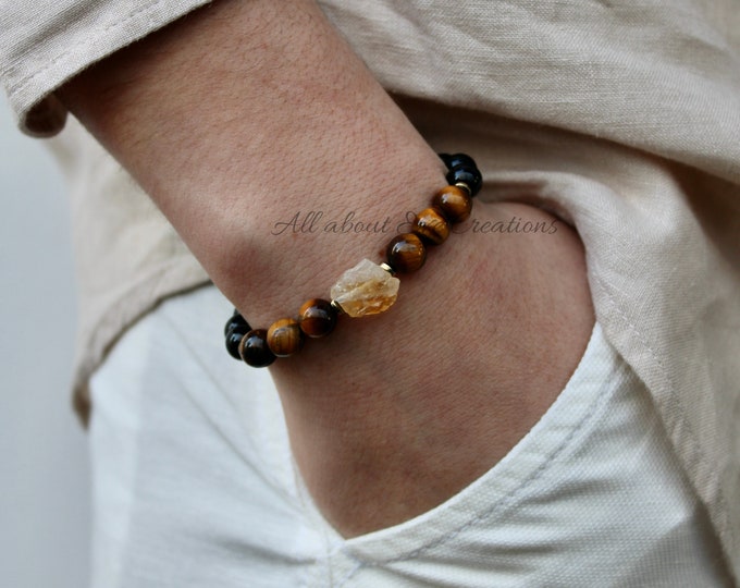 Men's Gemstone Bracelet: Black Onyx, Tiger's Eye & Citrine, 8mm Beads