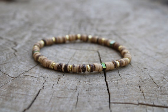 Mens coconut heishi bracelet. Wood bead bracelet with hematite. Stretch bracelet.