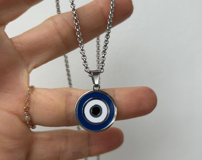 Mens evil eye necklace. Mens stainless steel evil eye necklace. Pendant necklace.