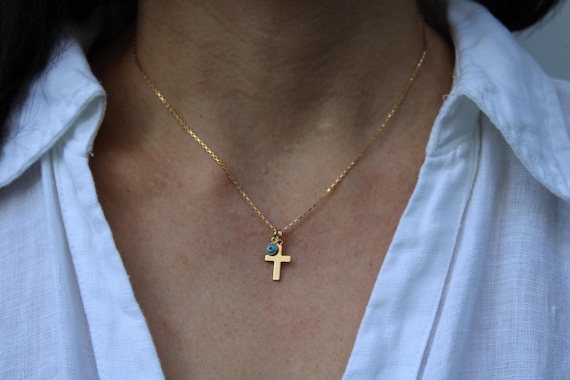 Gold filled cross and evil eye necklace. Tiny gold cross necklace with Greek Evil Eye charm. Protection necklace.