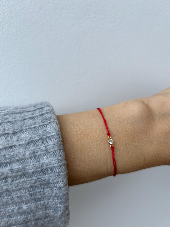 Red Silk String Bracelet with CZ Charm, Adjustable. Cubic zirconia cord bracelet. Diamond cord bracelet.