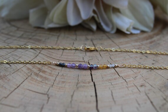 Menopause support necklace. Hematite, amethyst, lepidolite, fluorite, citrine, moonstone. Gold, silver, rose gold chain.