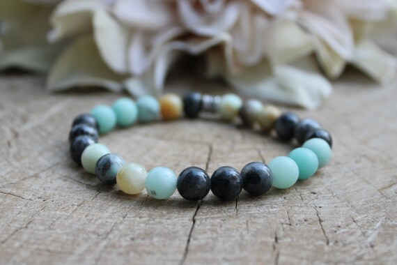 Amazonite and larvikite (black moonstone) beaded bracelet. Protection, grounding, good luck. Gemstone bracelet. 8mm beads.