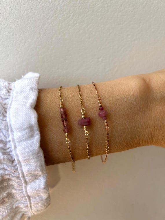 Pink Tourmaline Bracelet: Raw Nugget Bead Bar, October Birthstone. Gold, silver, rose gold chain.