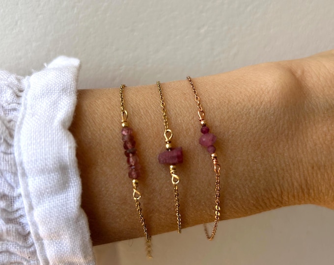 Pink Tourmaline Bracelet: Raw Nugget Bead Bar, October Birthstone. Gold, silver, rose gold chain.