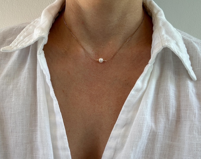 Dainty Pearl Choker Necklace: Gold, silver, rose gold chain., June Birthstone