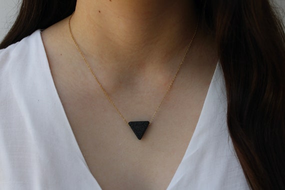 Lava diffuser necklace. Triangle lava necklace. Aromatherapy jewelry. Triangle essential oil necklace. Gold, silver, rose gold