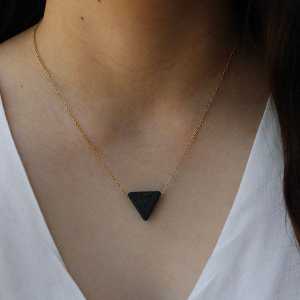 Lava diffuser necklace. Triangle lava necklace. Aromatherapy jewelry. Triangle essential oil necklace. Gold, silver, rose gold