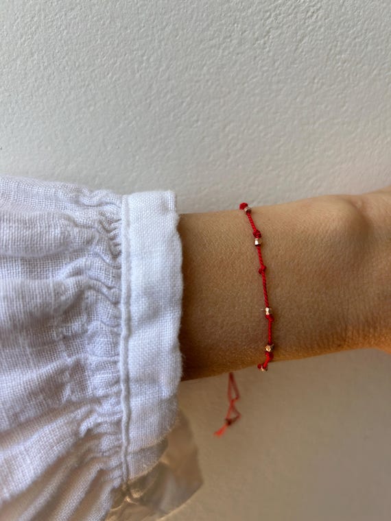 Red string bracelet. 24k gold vermeil red string bracelet . Beaded red silk cord bracelet. Friendship bracelet. Adjustable.