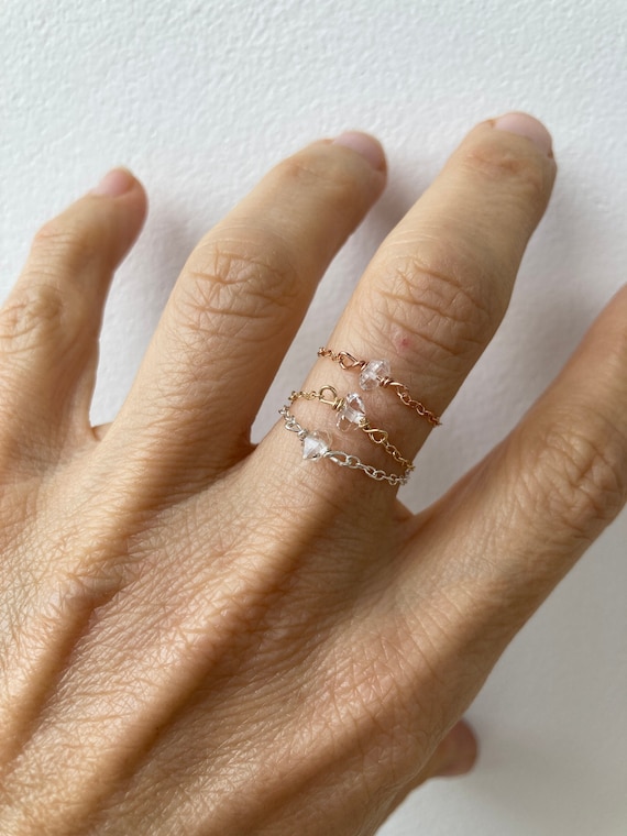 Herkimer diamond ring. Raw herkimer diamond ring. Gold filled /rose gold filled/ sterling silver chain ring. Midi ring. Stacking ring.