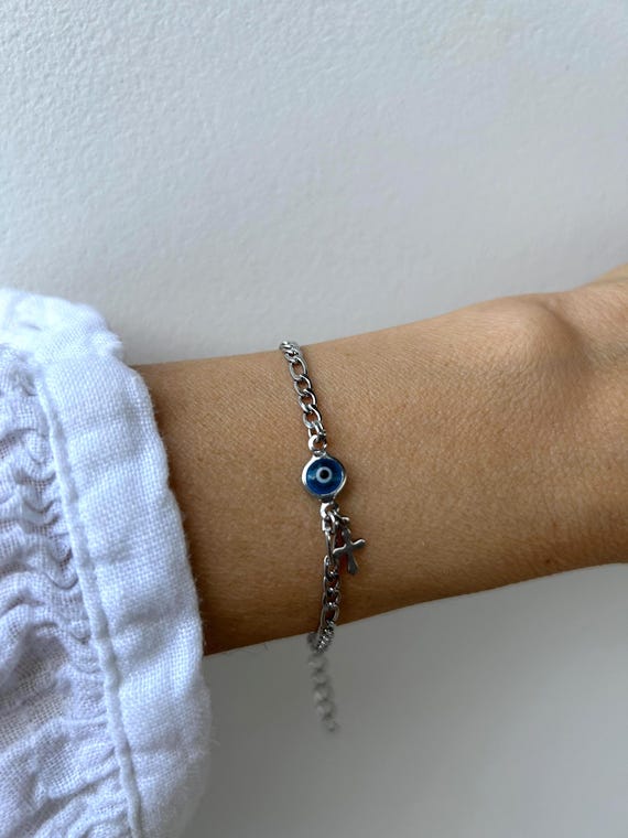 Evil Eye Bracelet with cross.  Stainless Steel Figaro Chain, Protection Jewelry. Unisex