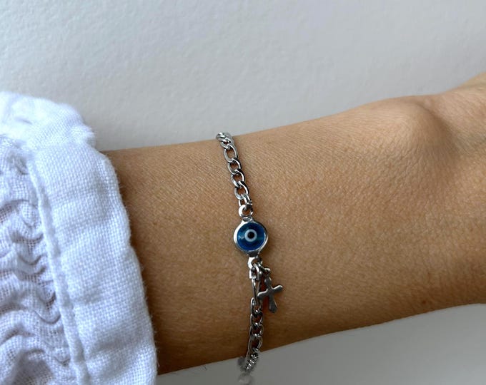 Evil Eye Bracelet with cross.  Stainless Steel Figaro Chain, Protection Jewelry. Unisex