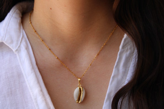 Cowrie shell necklace. Shell necklace. 24k gold plated cowrie shell necklace. Layering necklace. Stainless steel chain necklace.