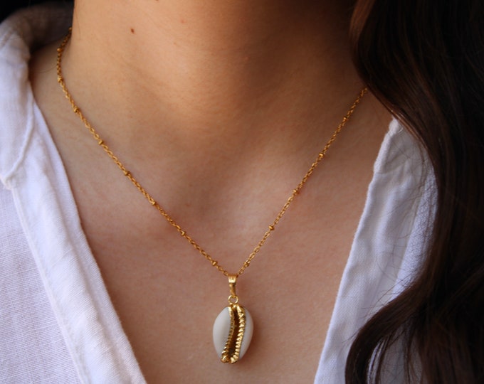 Cowrie shell necklace. Shell necklace. 24k gold plated cowrie shell necklace. Layering necklace. Stainless steel chain necklace.