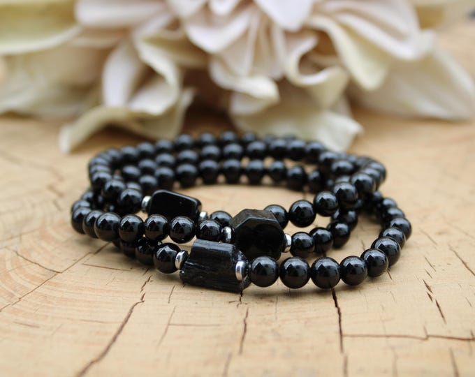 Mens black tourmaline bracelet. Unisex raw black tourmaline beaded bracelet. October birthstone. Empath protection. 6mm beads.