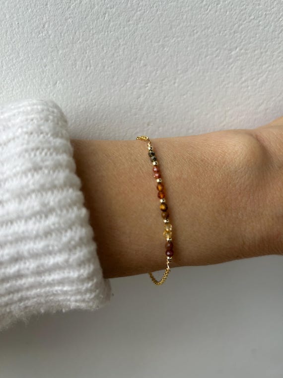 Bracelet for confidence, courage and abundance.  Red jasper, citrine, tiger's eye, garnet, gold stone, pyrite. Gold filled, sterling silver.