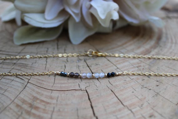 Empath protection necklace. Black tourmaline, smoky quartz, moonstone, labradorite, hematite. Gold filled, sterling silver, stainless steel