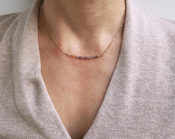 Menopause support necklace. Hematite, amethyst, lepidolite, fluorite, citrine, moonstone. Gold, silver, rose gold chain.