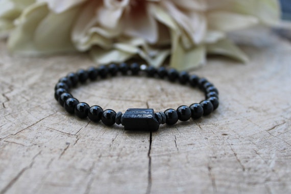 Mens black tourmaline bracelet. Unisex raw black tourmaline beaded bracelet. October birthstone. Empath protection. 6mm beads.