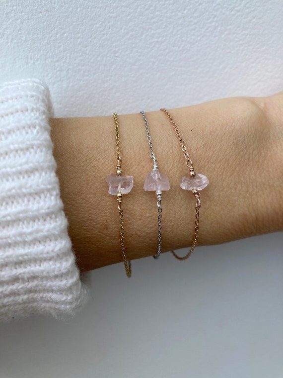 Dainty rose quartz bracelet. Rough rose quartz crystal bracelet. Fertility support bracelet. Gold silver rose gold chain