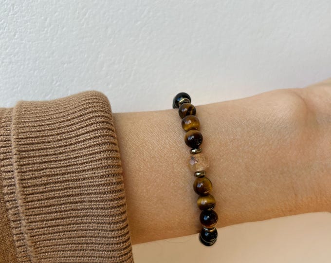 Black Onyx Tiger's Eye Citrine Beaded Stretch Bracelet, Protection Abundance Jewelry. 6mm beads.