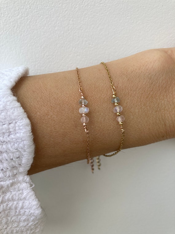Fertility support bracelet. Rose quartz, moonstone and aquamarine bracelet. Mom to be bracelet. Gold, silver,rose gold chain