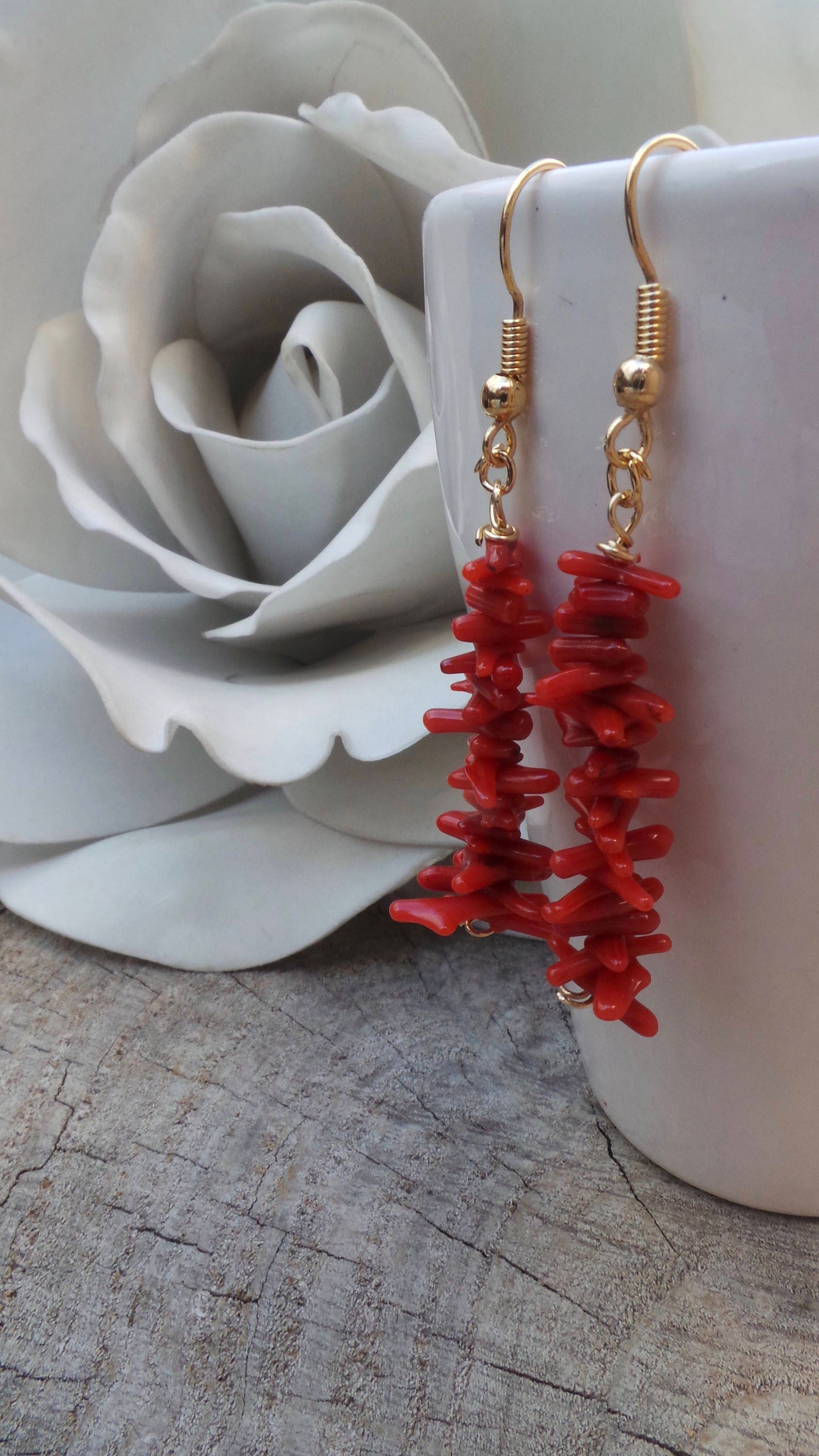 Coral earrings. Red coral earrings. Dangle earrings. Red earrings