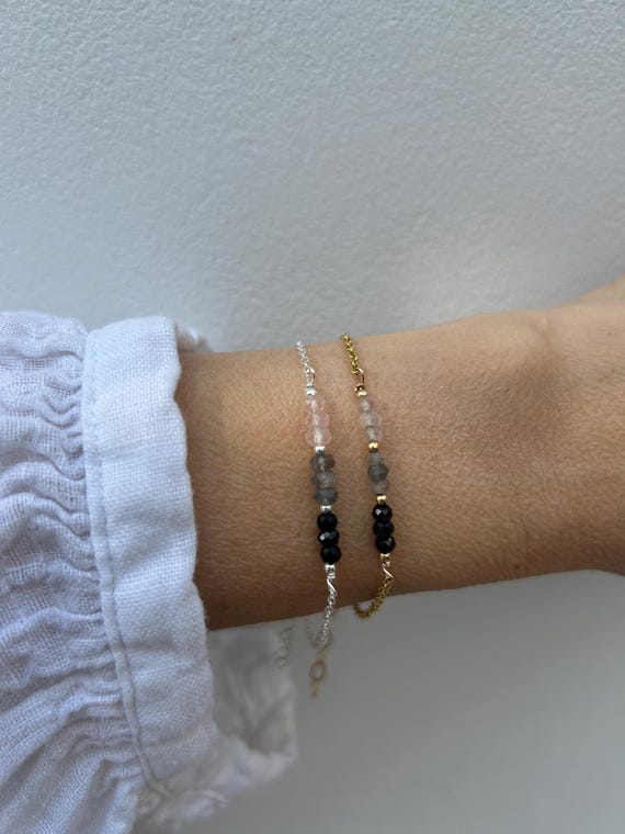 Rose quartz, labradorite and black tourmaline bracelet.  Gold filled/sterling silver. Empath protection, grounding, block negativity, luck