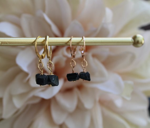 Black tourmaline huggie earrings.  Gold filled black tourmaline hoop earring. October birthstone. Empath protection.