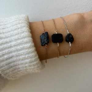 Black tourmaline bracelet. Raw black tourmaline bracelet.  October birthstone. Dainty tourmaline bracelet. Empath protection.