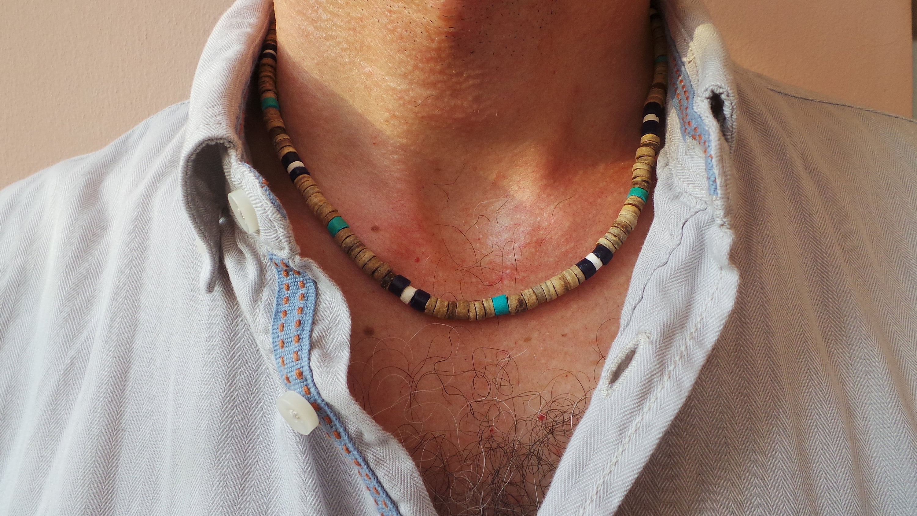 Mens beaded necklace. Turquoise necklace. Blue, white and turquoise
